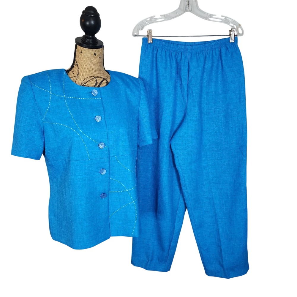 Vtg LESLIE FAY Size 12P Blue 2pc Short Sleeve Pants Set Shoulder Pads Collarless